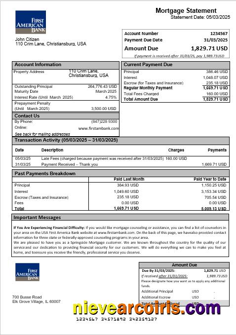 USA First America Bank mortgage statement